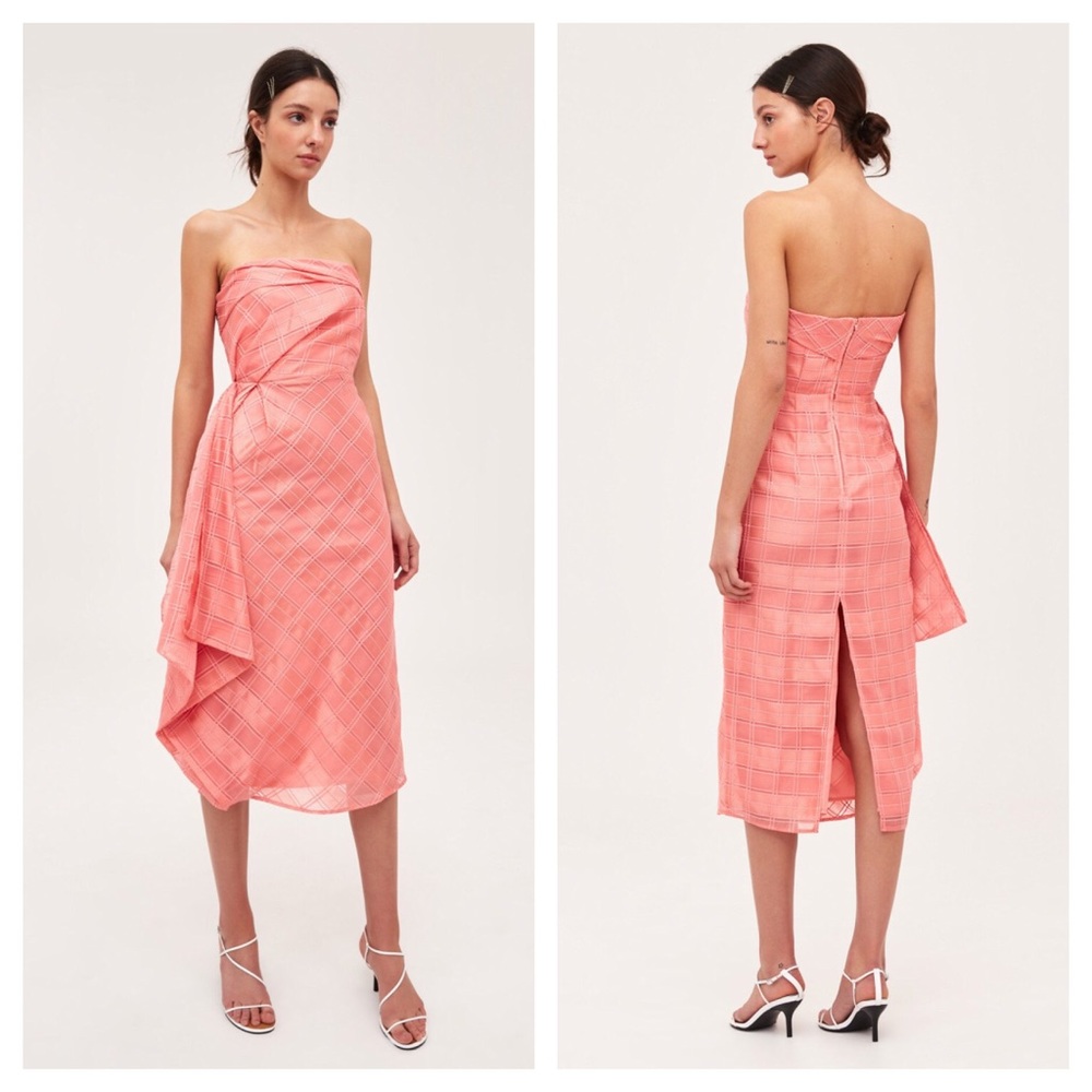 Strapless Coral Pink Draped Midi Dress
